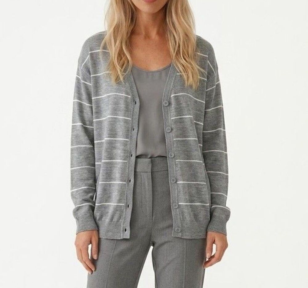 Women’s Sweater Cardigan 2XL Gray Stripe long sleeve V Neck